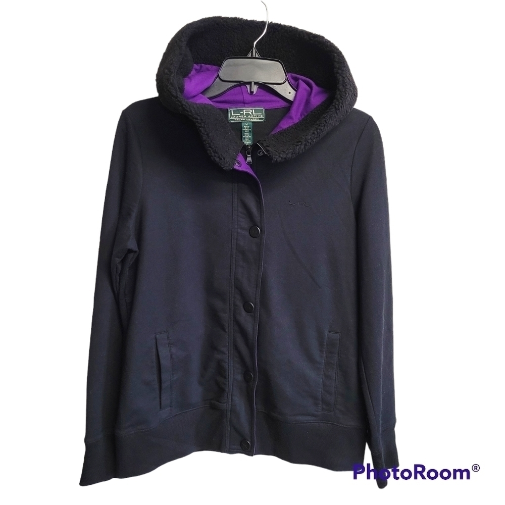 Lauren Ralph Lauren Active Black Full Zip Snap Button Sherpa Lined Hooded Jacket